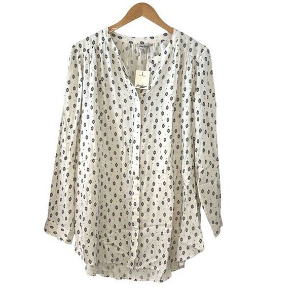 Lucky Brand Womens Geometric Long Sleeve Button Up Shirt Cream Black Size 1X NWT - Picture 1 of 8